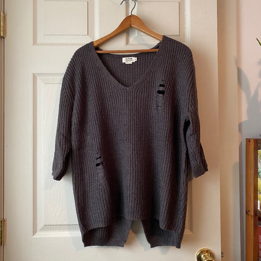 V Neck Sweater with Sparkle and Distressed Details